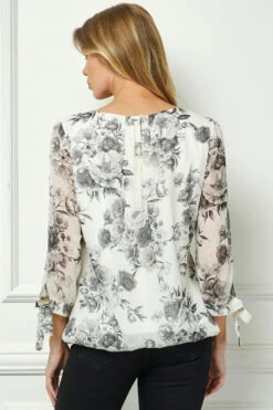 Women's Bubble Hem 3/4 Tie Sleeve Blouse - Black & White Contrast -Dressbarn Store G600253E23 IGBK B