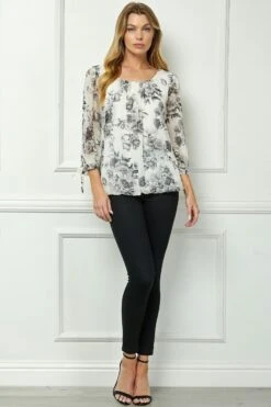 Women's Bubble Hem 3/4 Tie Sleeve Blouse - Black & White Contrast