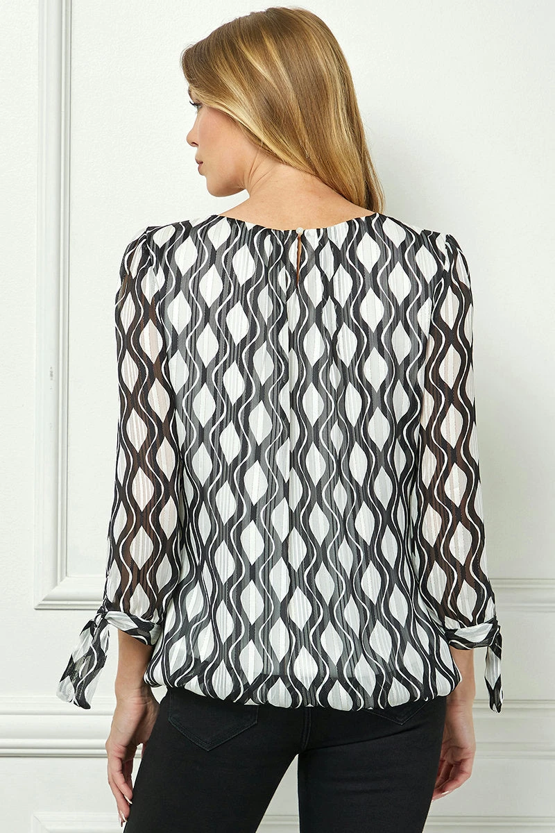 Bubble Hem 3/4 Tie Sleeve Blouse - White 4 Bubble Hem 3/4 Tie Sleeve Blouse - White - Image 4