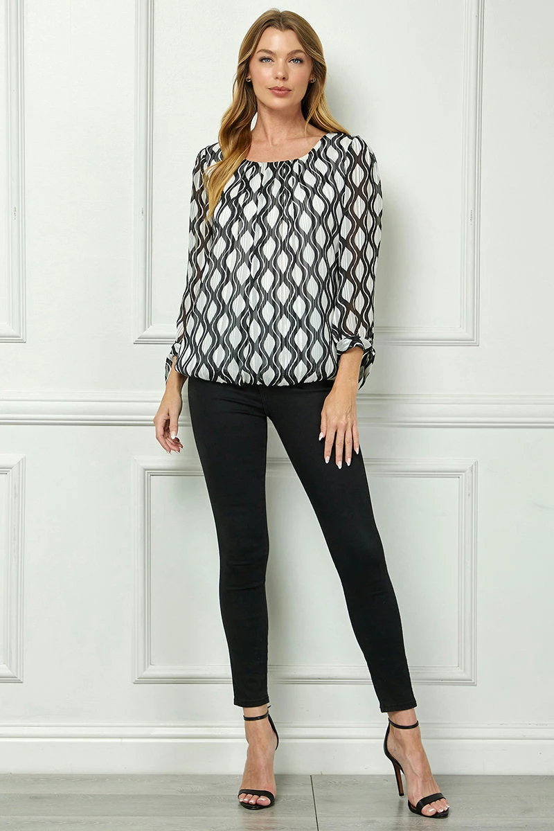 Bubble Hem 3/4 Tie Sleeve Blouse - White 1 Bubble Hem 3/4 Tie Sleeve Blouse - White