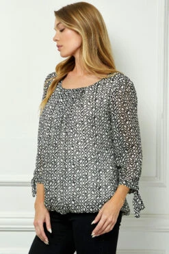 Bubble Hem 3/4 Tie Sleeve Blouse - Elegant Cream Fashion Top 6 Bubble Hem 3/4 Tie Sleeve Blouse - Elegant Cream Fashion Top -Dressbarn Store G600256D45 CRMBK S 2