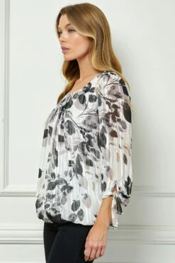 Ivory Bubble Hem 3/4 Tie Sleeve Blouse with Contrast Accents -Dressbarn Store G600256D46 ITBLK S 1