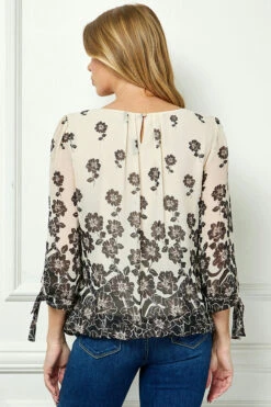 Elegant Beige Bubble Hem Blouse with 3/4 Tie Sleeve Detail