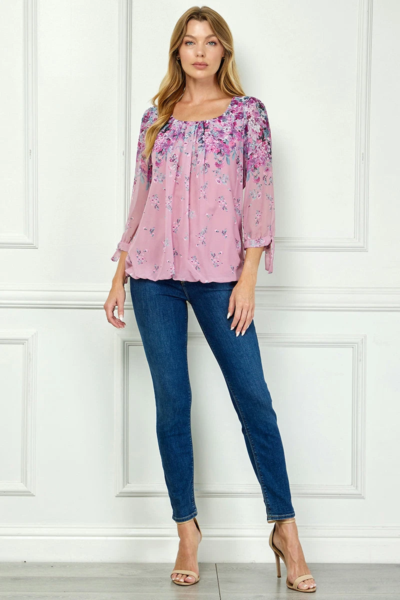 Pink 3/4 Tie Sleeve Bubble Blouse - Elegant Pleated Scoop Neck Top 1 Pink 3/4 Tie Sleeve Bubble Blouse - Elegant Pleated Scoop Neck Top