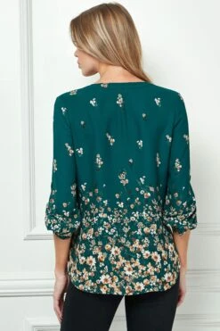 V-Neck Border Print Popover Blouse with 3/4 Button Tab Sleeves -Dressbarn Store G943177N11 HUBGO B