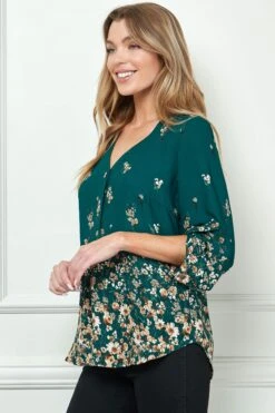 V-Neck Border Print Popover Blouse with 3/4 Button Tab Sleeves -Dressbarn Store G943177N11 HUBGO S 1