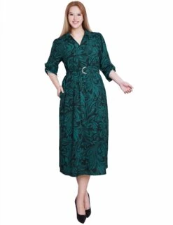 Emerald Green 3/4 Roll Tab Belted Midi Shirtdress