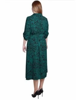 Emerald Green 3/4 Roll Tab Belted Midi Shirtdress -Dressbarn Store MAFD4193EMERALDMULTIBACK
