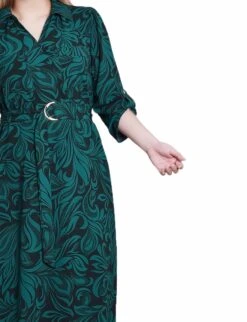 Emerald Green 3/4 Roll Tab Belted Midi Shirtdress -Dressbarn Store MAFD4193EMERALDMULTIDETAIL