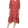 Marsala Floral 3/4 Sleeve V-Neck Flounced Dress with Balloon Sleeves
