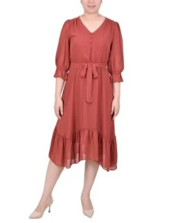Marsala Floral 3/4 Sleeve V-Neck Flounced Dress with Balloon Sleeves