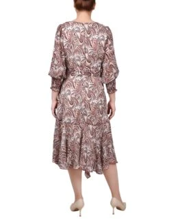 Rust Groovy Waves 3/4 Sleeve Belted Chiffon Handkerchief Hem Dress -Dressbarn Store MCCD3576PRUSTGROOVYWAVESBACK