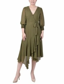 Elegant Winter Moss 3/4 Sleeve Belted Chiffon Handkerchief Hem Dress