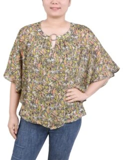Floral Print Chiffon Popover Blouse with Flowy Overlay Sleeves