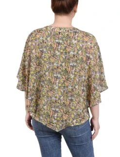 Floral Print Chiffon Popover Blouse with Flowy Overlay Sleeves -Dressbarn Store MCCF0454CORALGREYMUSTBLOSSOMBACK
