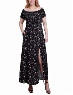 Floral Maxi Dress with Smocked Bodice - Off-the-Shoulder Style