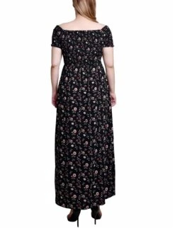 Floral Maxi Dress with Smocked Bodice - Off-the-Shoulder Style -Dressbarn Store MCHD0776BLACKMAUVESTEMFLRLBACK