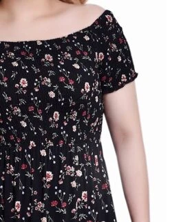 Floral Maxi Dress with Smocked Bodice - Off-the-Shoulder Style -Dressbarn Store MCHD0776BLACKMAUVESTEMFLRLDETAIL