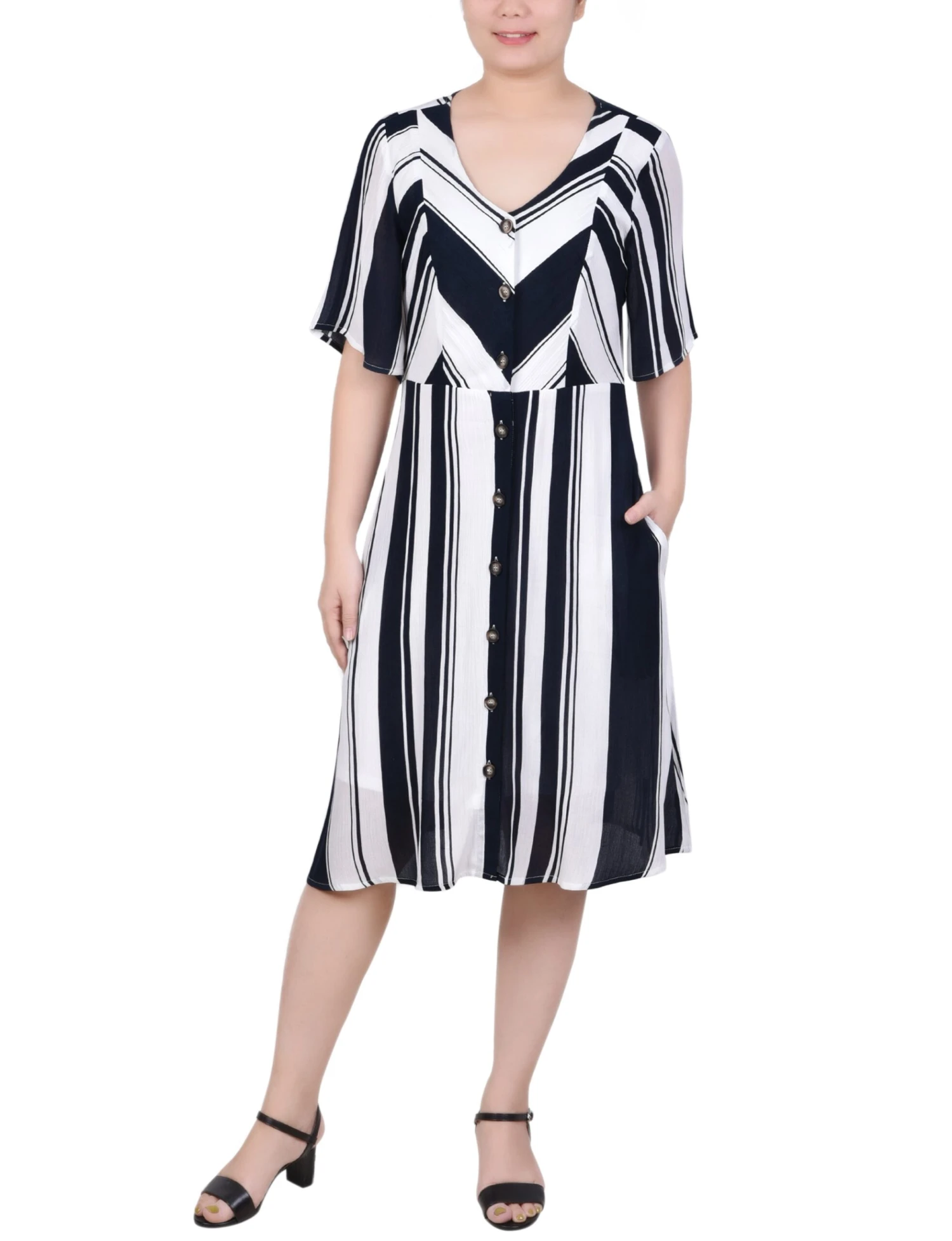 Navy and White Striped Elbow Sleeve Button Front Dress 1 Navy and White Striped Elbow Sleeve Button Front Dress