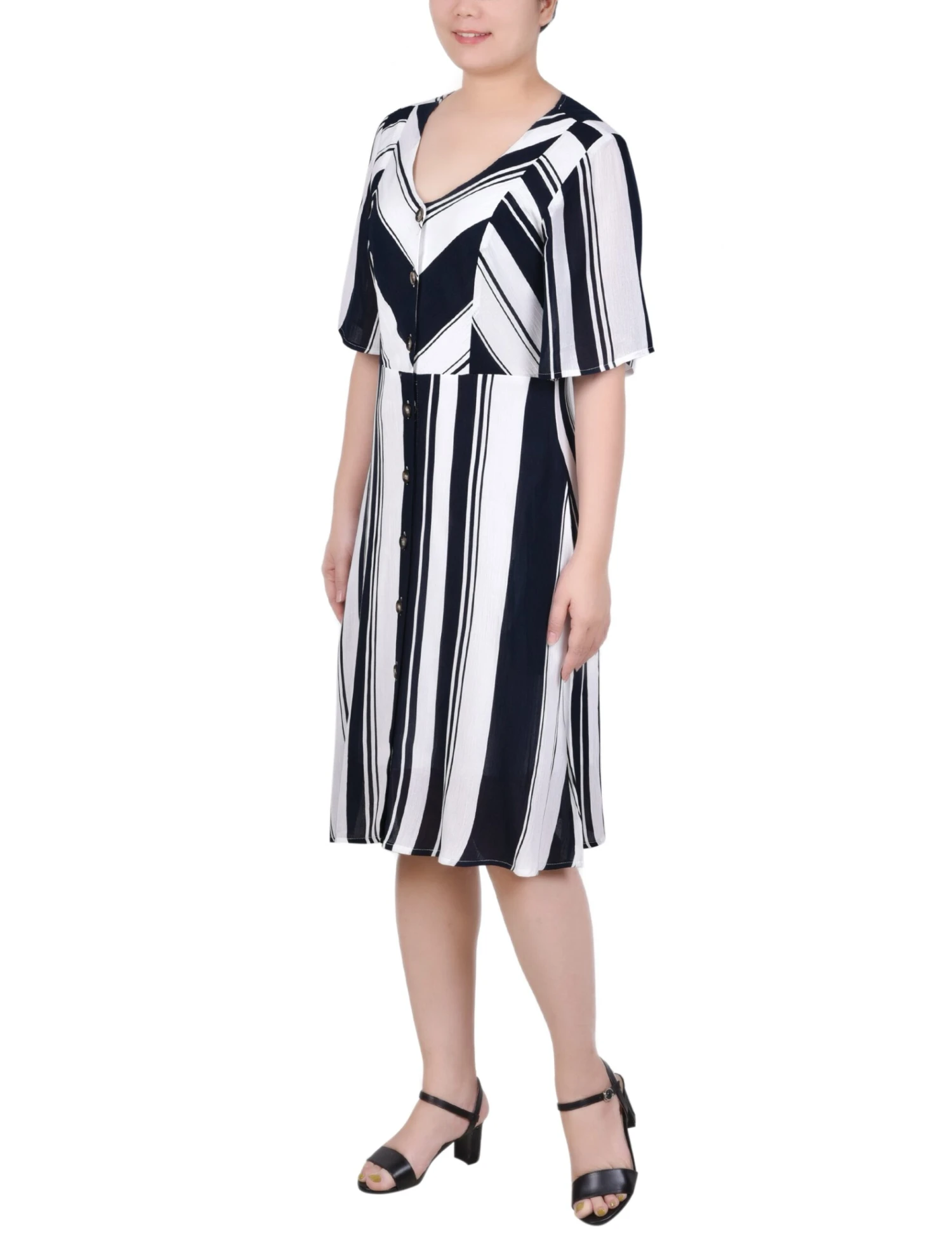 Navy and White Striped Elbow Sleeve Button Front Dress 2 Navy and White Striped Elbow Sleeve Button Front Dress - Image 2