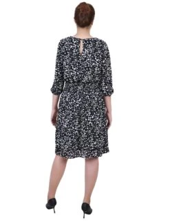 Ivory Floral 3/4 Sleeve Dobby Smocked Waist Dress -Dressbarn Store MDOD6442IVORYFLORALBACK