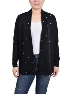 Elegant Black Long Sleeve Pearl Detail Cardigan