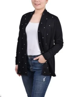 Elegant Black Long Sleeve Pearl Detail Cardigan 6 Elegant Black Long Sleeve Pearl Detail Cardigan -Dressbarn Store MFTR0091RBLACKSIDE