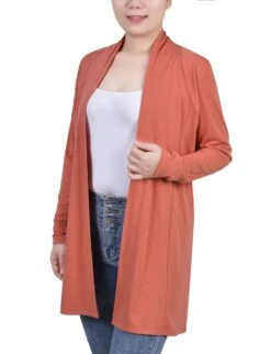 Canyon Clay Long Sleeve Cardigan - Soft Ruched Back Layering Piece -Dressbarn Store MHAR0258CANYONCLAYSIDE