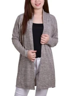 Shadow Grey Long Sleeve Cardigan with Elegant Rouched Back Detail