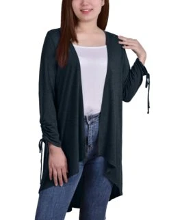 Hunter Green Long Sleeve Cardigan with Rouched Sleeves & Hi-Lo Hem