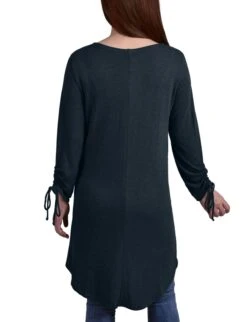 Hunter Green Long Sleeve Cardigan with Rouched Sleeves & Hi-Lo Hem -Dressbarn Store MHAR0264HUNTERGREENBACK