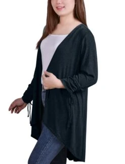 Hunter Green Long Sleeve Cardigan with Rouched Sleeves & Hi-Lo Hem -Dressbarn Store MHAR0264HUNTERGREENSIDE