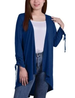 Peacock Blue Long Sleeve Cardigan with Stylish Hi-Lo Hem and Ruched Sleeves