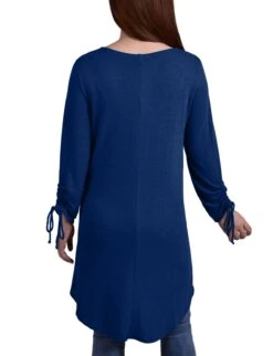 Peacock Blue Long Sleeve Cardigan with Stylish Hi-Lo Hem and Ruched Sleeves -Dressbarn Store MHAR0264PEACOCKBACK
