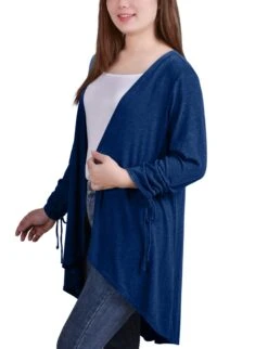 Peacock Blue Long Sleeve Cardigan with Stylish Hi-Lo Hem and Ruched Sleeves -Dressbarn Store MHAR0264PEACOCKSIDE