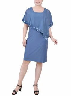 Sequined Poncho Style Evening Dress - Elegant Faded Denim Blue