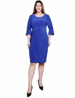 Elegant 3/4 Trumpet Sleeve Faux Wrap Jersey Dress