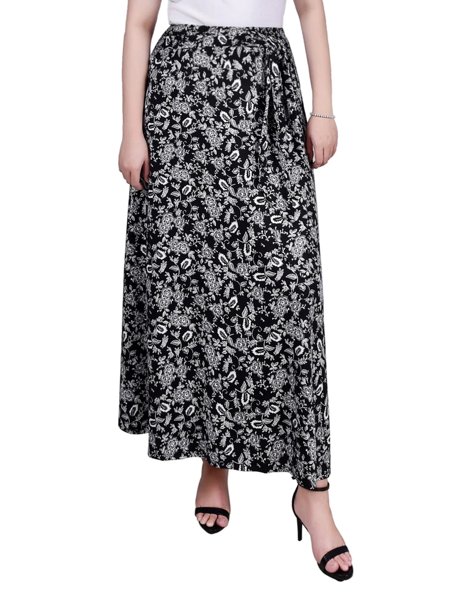 Floral Print Maxi Skirt with Adjustable Sash Waist Tie - Monochrome 1 Floral Print Maxi Skirt with Adjustable Sash Waist Tie - Monochrome