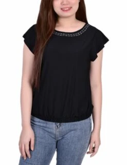 Elegant Black Flutter Sleeve Top - Studded Neckline & Elastic Waist Blouse