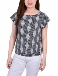 Abstract Flutter Sleeve Top - Black and White Studded Neck Blouse
