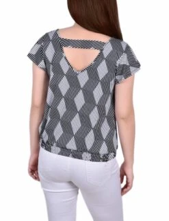 Abstract Flutter Sleeve Top - Black and White Studded Neck Blouse -Dressbarn Store MITU0430BLACKWHITEABSTRACTBACK