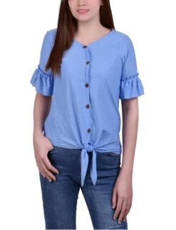 Elegant Swiss Dot Bell Sleeve Top with Lattice Crochet Detail