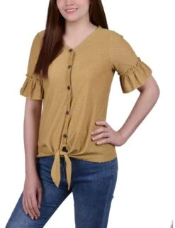 Mustard Bell Sleeve Swiss Dot Blouse with Lattice Crochet Detailing