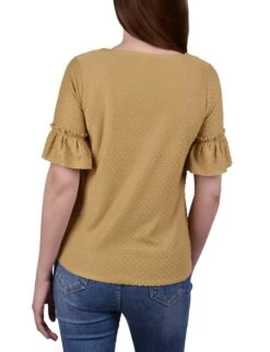 Mustard Bell Sleeve Swiss Dot Blouse with Lattice Crochet Detailing -Dressbarn Store MNKU2061MUSTARDBACK