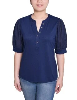 Elegant Navy Eyelet Puff Elbow Sleeve Top - Versatile V-Neck Jersey Blouse
