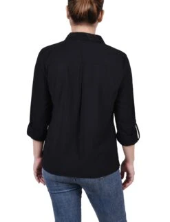 Elegant Black Windowpane Blouse with Versatile Roll Tab Sleeves -Dressbarn Store MPOB0824BLACKBACK