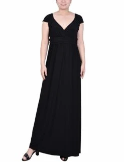 Elegant Black Ruched Empire-Waist Maxi Dress with Cap Sleeves