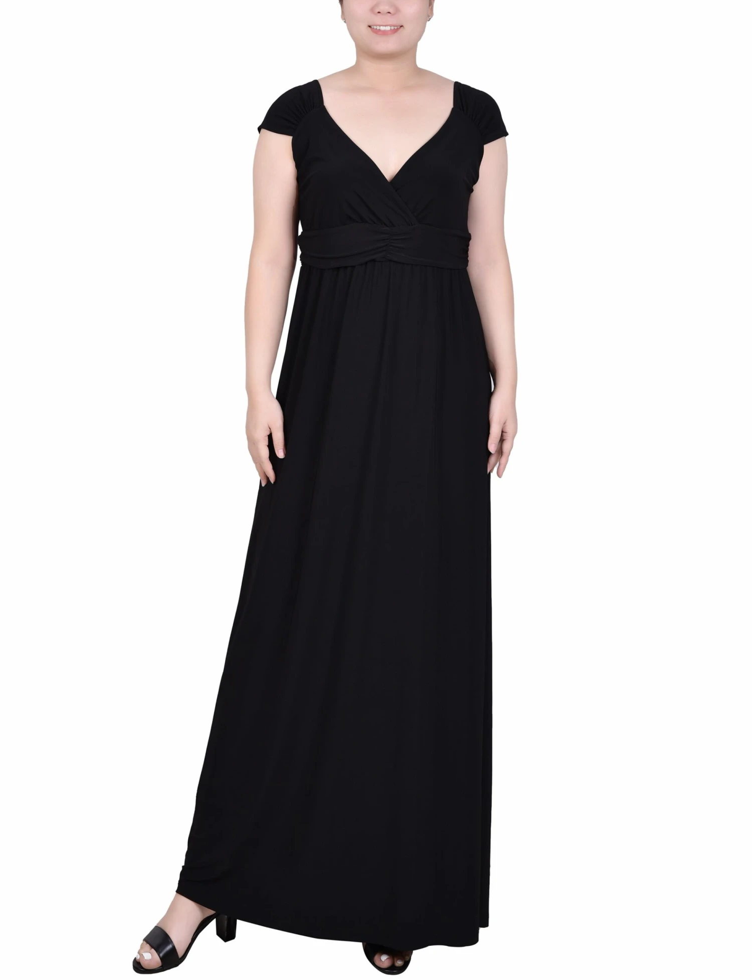 Elegant Black Ruched Empire-Waist Maxi Dress with Cap Sleeves 1 Elegant Black Ruched Empire-Waist Maxi Dress with Cap Sleeves