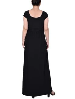 Elegant Black Ruched Empire-Waist Maxi Dress with Cap Sleeves 5 Elegant Black Ruched Empire-Waist Maxi Dress with Cap Sleeves -Dressbarn Store MQID0122BLACKBACK