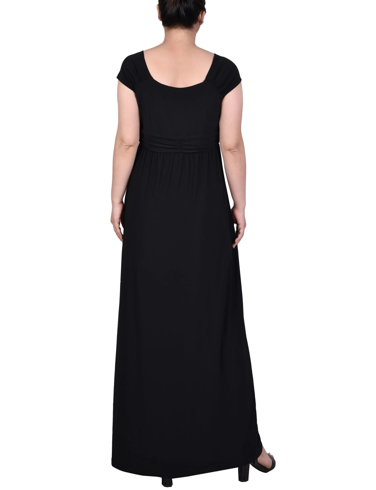Elegant Black Ruched Empire-Waist Maxi Dress with Cap Sleeves 3 Elegant Black Ruched Empire-Waist Maxi Dress with Cap Sleeves - Image 3
